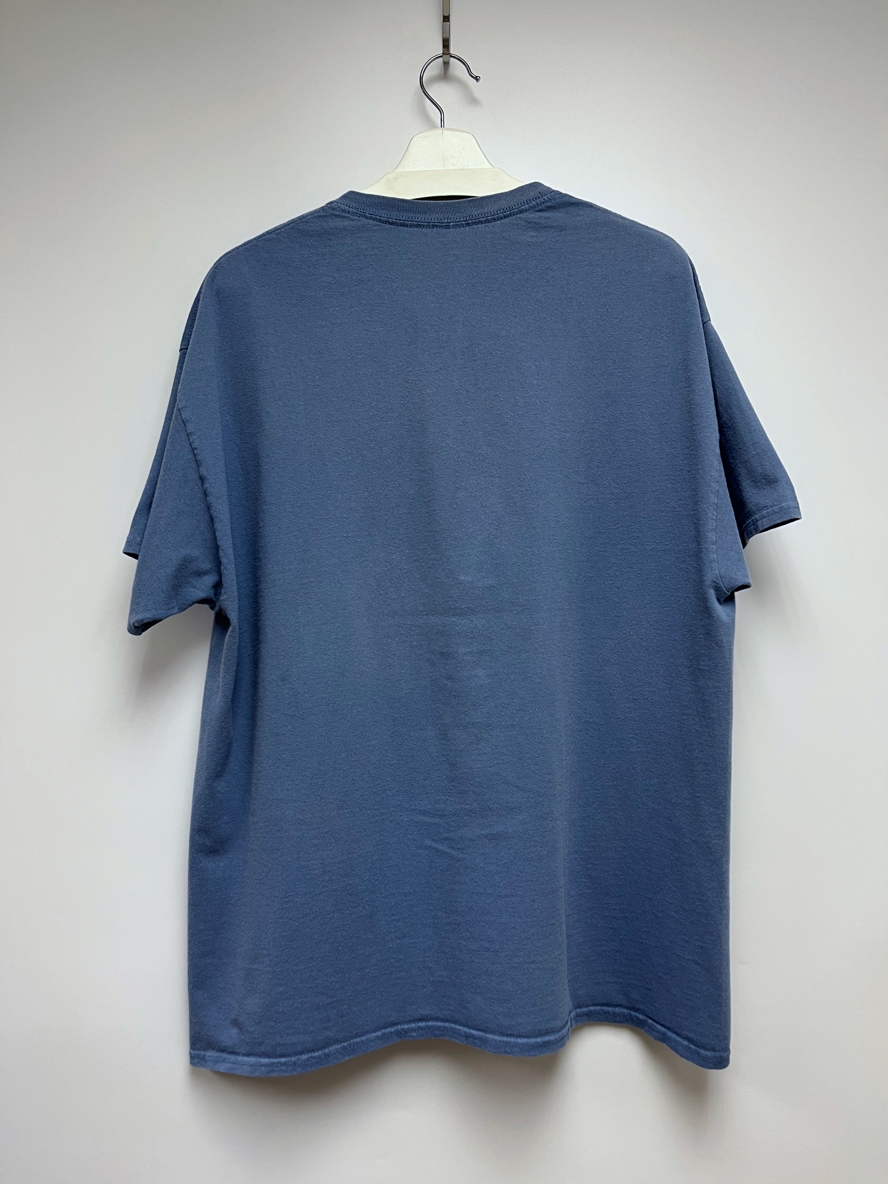 Blue t-shirt on a hanger against a white wall