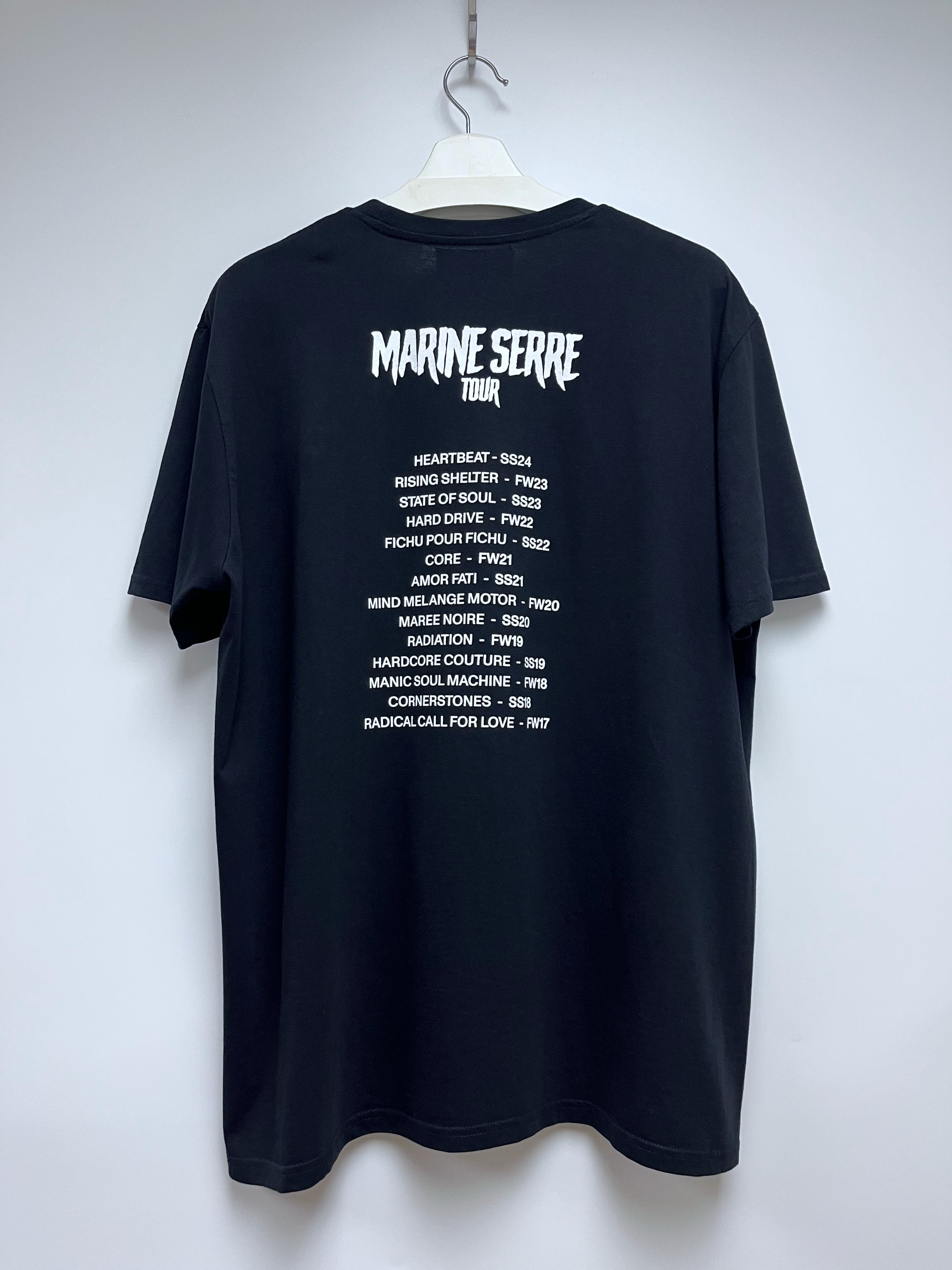 MARINE SERRE BLACK TOUR GRAPHIC T-SHIRT WITH A WOMAN HOLDING HER HEAD WITH COLLECTION DETAILS