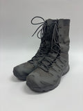 A pair of dark gray tactical combat boots with matching laces, shown on a light gray studio background.