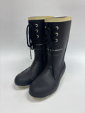 A pair of black rubber rain boots with black laces, gold eyelets, and a beige inner lining, shown on a light gray background.
