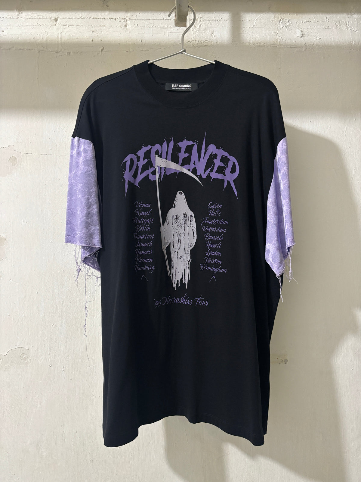 BLACK RAF SIMONS RESILENCER TEE WITH GRIM REAPER GRAPHIC PURPLE SLEEVES