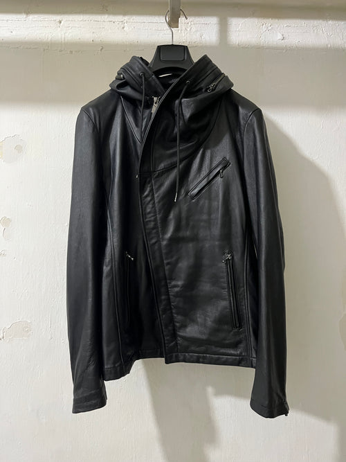 BLACK LEATHER JACKET WITH ASYMMETRIC ZIP