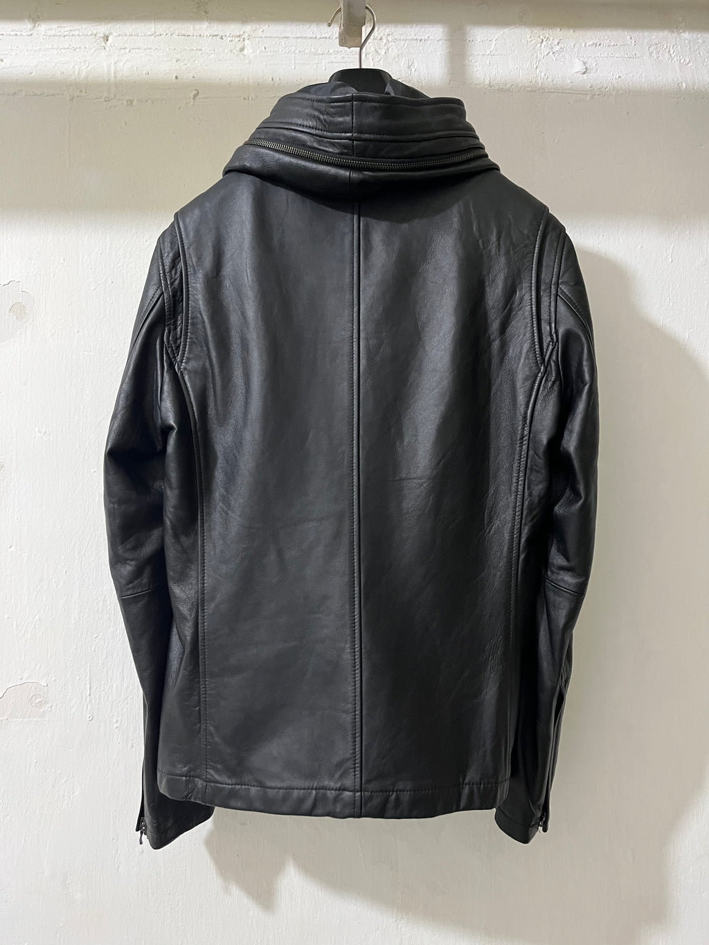 2000S KATHARINE HAMNETT ASYMMETRIC HODDED LEATHER JACKET