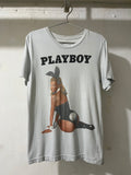 LIGHT BLUE T-SHIRT WITH PLAYBOY FONT AND KATE MOSS GRAPHIC