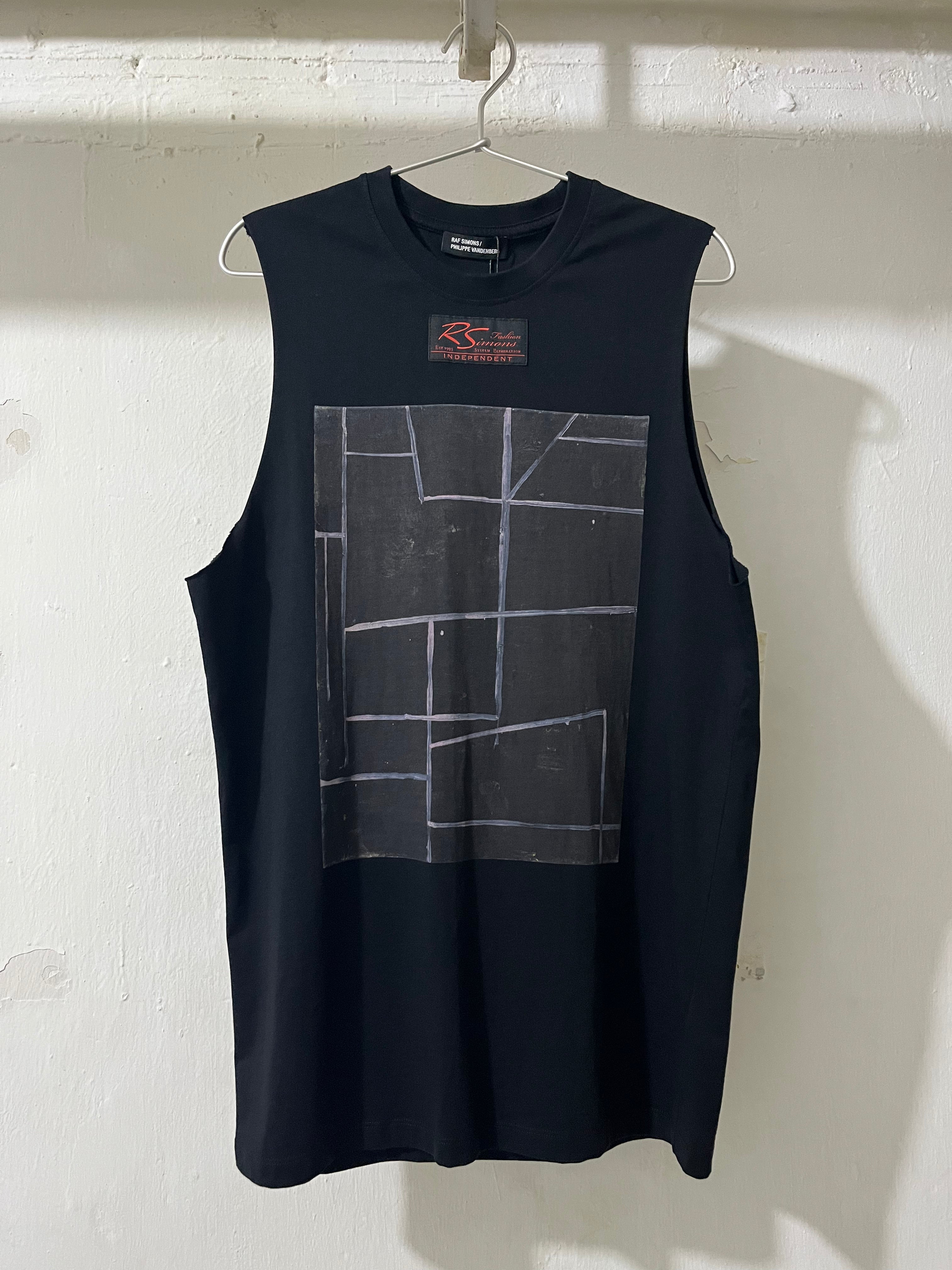 Black sleeveless shirt with geometric pattern on a white background