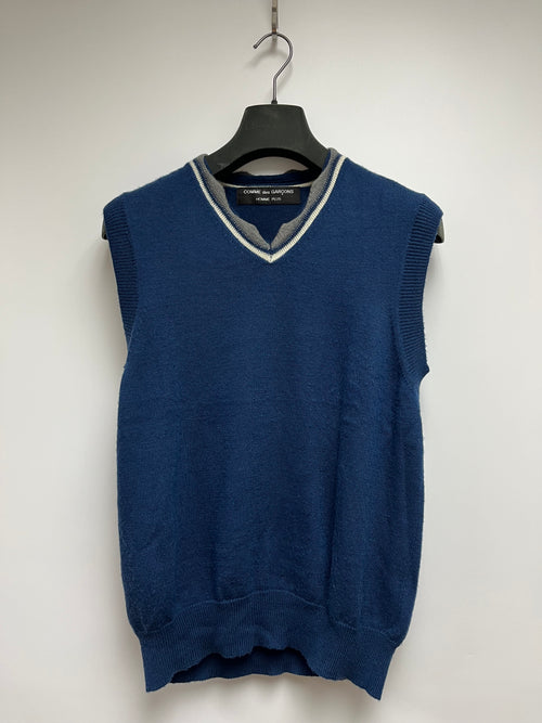 COMME DES GARCONS HOMME PLUS BLUE KNIT VEST WITH CONTRAST COLLAR DETAILS