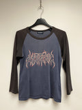 Gray and black baseball shirt with a logo on a hanger against a white background